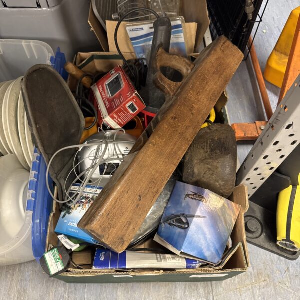 Assorted garden and DIY tools in a shed clearance lot.