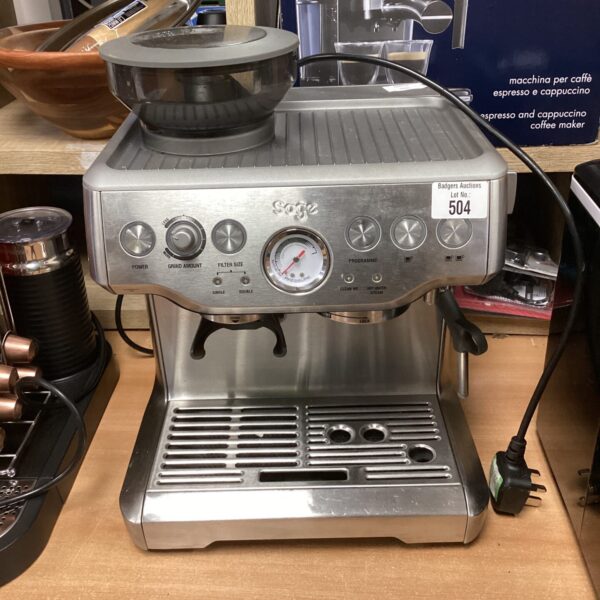 Stainless steel Sage Barista Express coffee machine for home espresso.