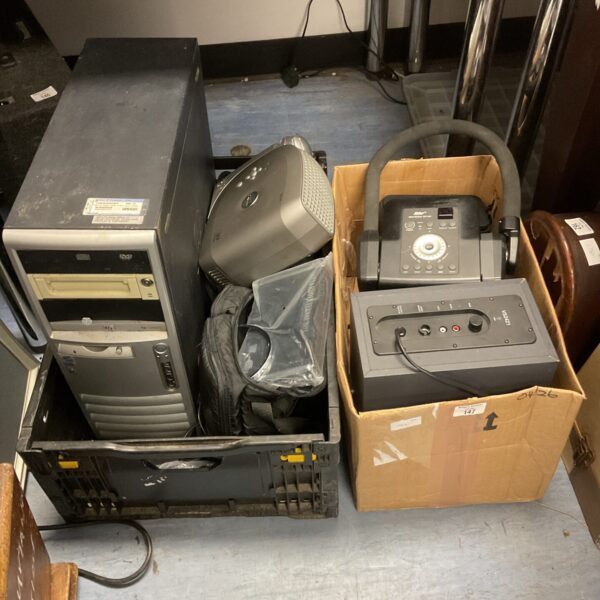Computer projector lot with speakers and components.