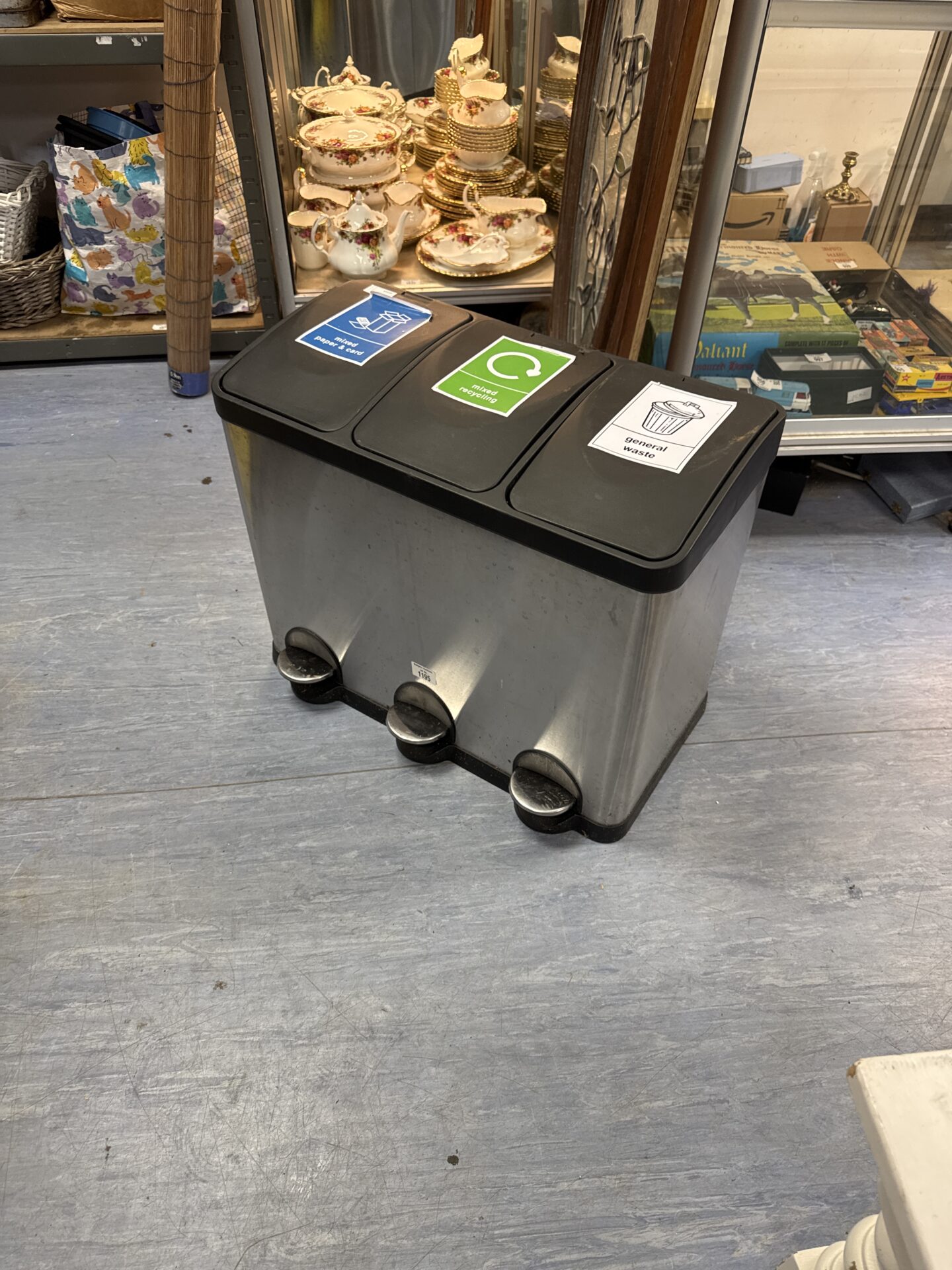 1195 Three door stainless kitchen recycling pedal bin 23.25” length