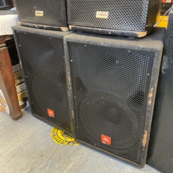 Pair of vintage JBL MP215 speakers for PA systems.