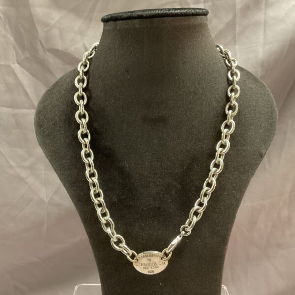 Tiffany & Co silver necklace side view with pendant detail.
