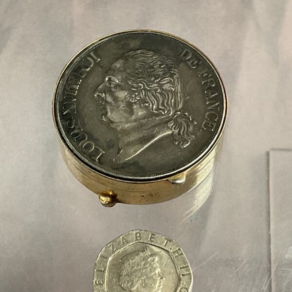 Antique French coin pill box with Louis XVIII portrait.