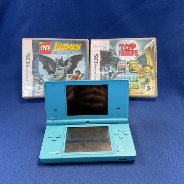 Blue Nintendo DSi console with games displayed.