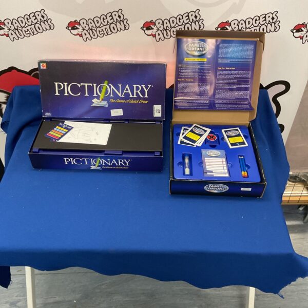 Vintage Pictionary and Family Fortunes board game lot for collectors.