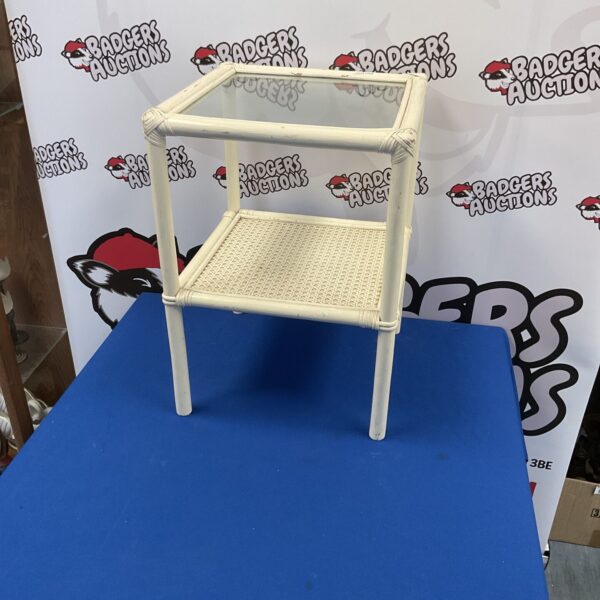 Vintage Lloyd Loom side table with glass top, retro furniture.