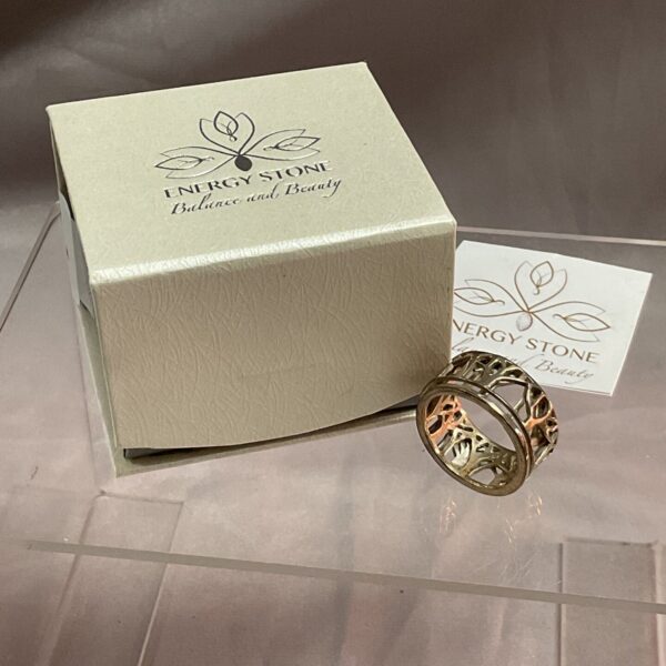 Close-up of silver nature ring with energy stone detail.