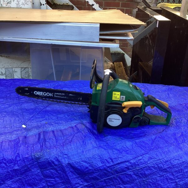 Blue Oregon petrol chainsaw presented for auction.