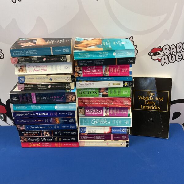 Stack of vintage Mills & Boon romance novels, collectible books.