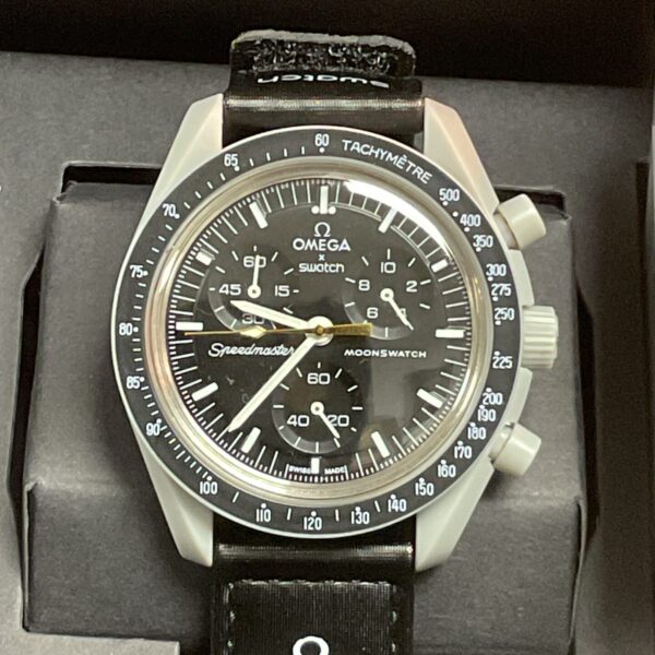Front view of the Omega Swatch MoonSwatch “Mission to the Moon” watch.