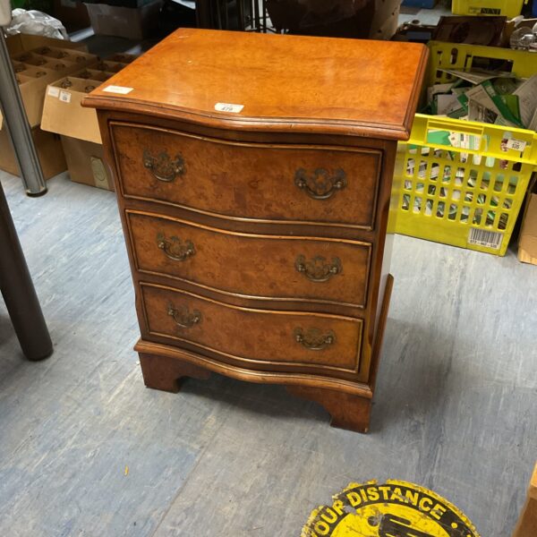 Vintage burr walnut bedside cabinet with three drawers.