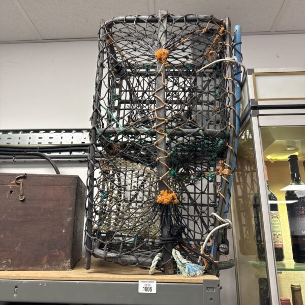 Vintage lobster pot with woven wire construction, ideal for repair.