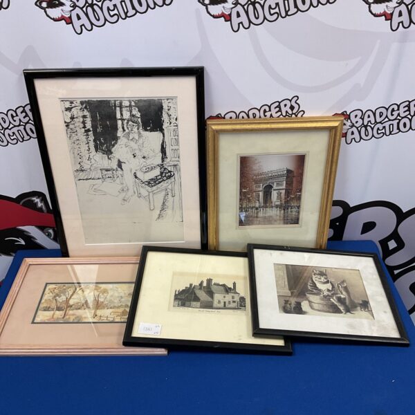 Collection of five framed vintage prints including Monica Poole artwork.