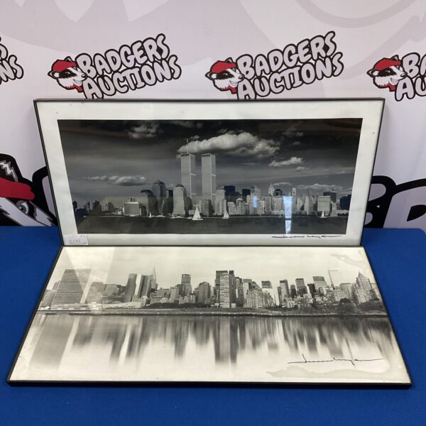 Vintage black and white print of New York skyline with Twin Towers.