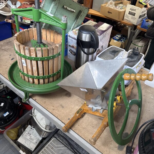 Vintage Vigo UK fruit press with hopper and lid.