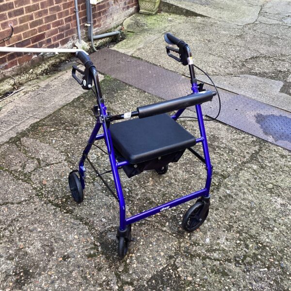 Blue Dive walking aid trolley with a padded seat.