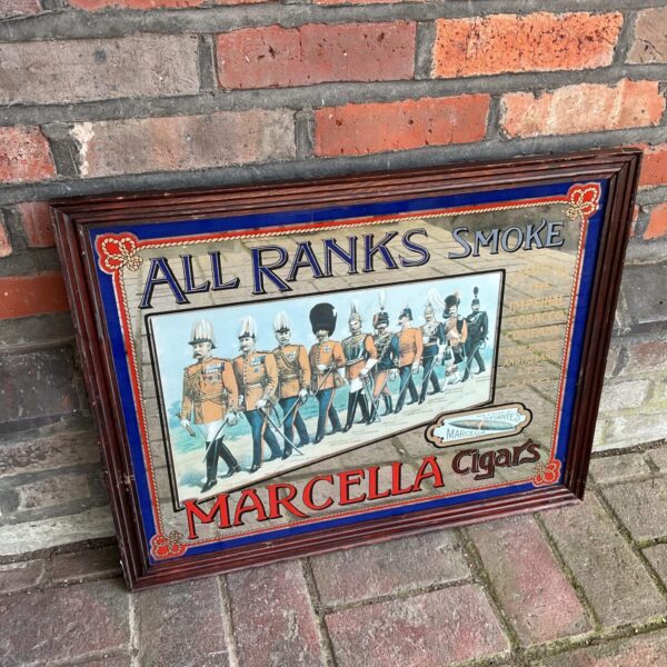 Vintage Marcella Cigars tavern mirror with military ranks illustration.