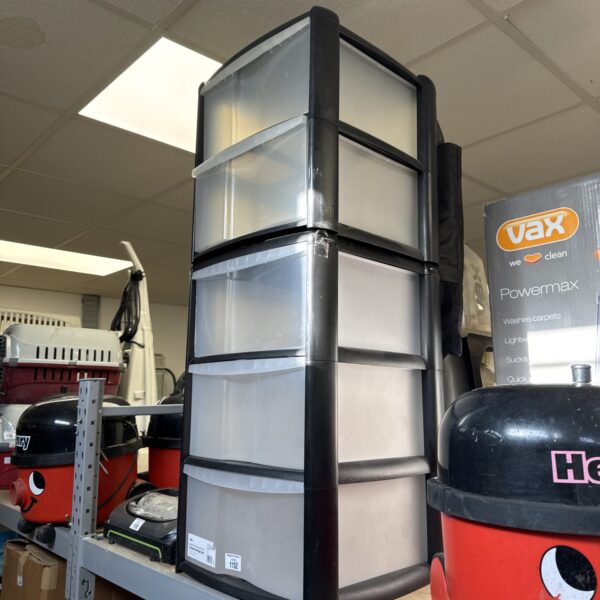 Used plastic five-drawer storage cabinet for home organisation.