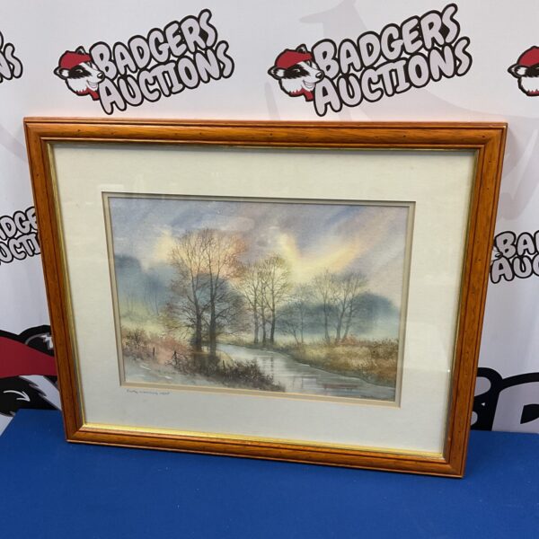 Peter Robinson watercolour painting of a tranquil river landscape.