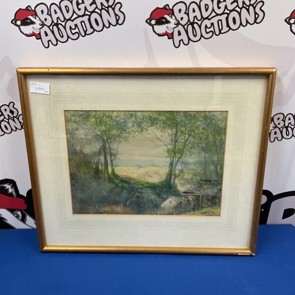 Vintage watercolour painting of a country scene with a watermill by W G Woodham.