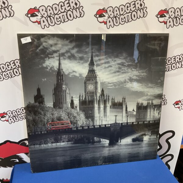 Detailed glass print of London landmarks including Big Ben and Westminster.