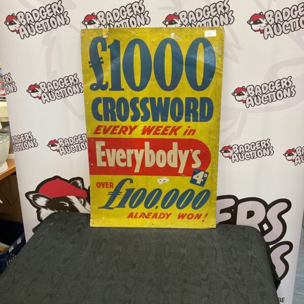 Vintage Everybody’s Crossword aluminium sign, colourful advertising ephemera.