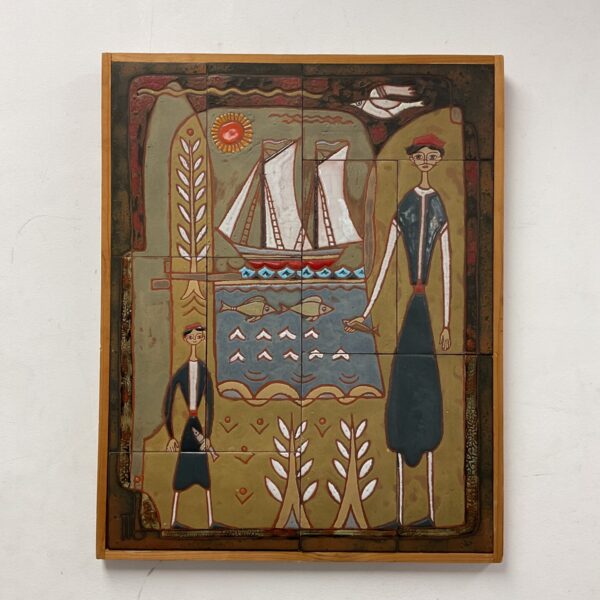 Colourful Portuguese tile plaque with folk art scene.