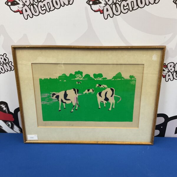 Vintage aquatint print of cows grazing in a pastoral landscape.