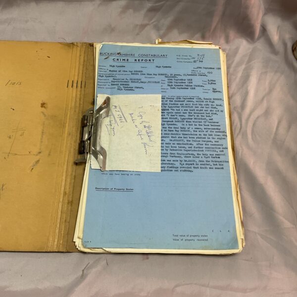 Vintage 1950s Buckinghamshire Constabulary crime report document.