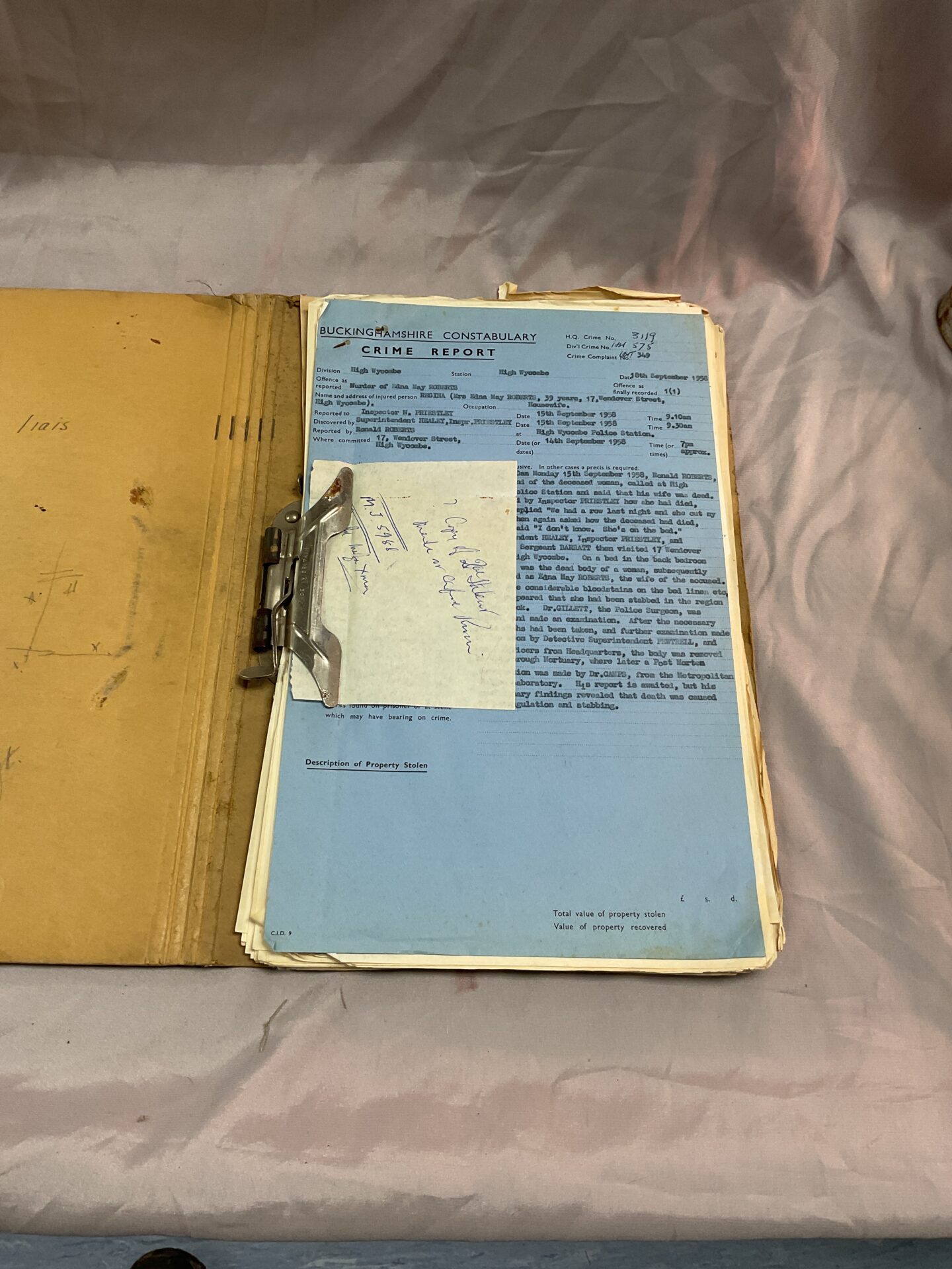 889 1950s murder crime report from wendover street Buckinghamshire constabulary