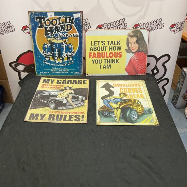 Lot of four vintage reproduction car signs for garage decor.
