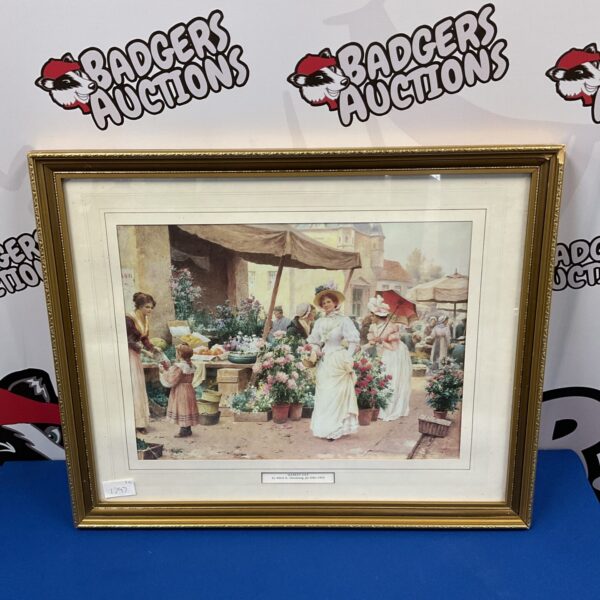 Framed Alfred Glendening print depicting a bustling Victorian market scene.