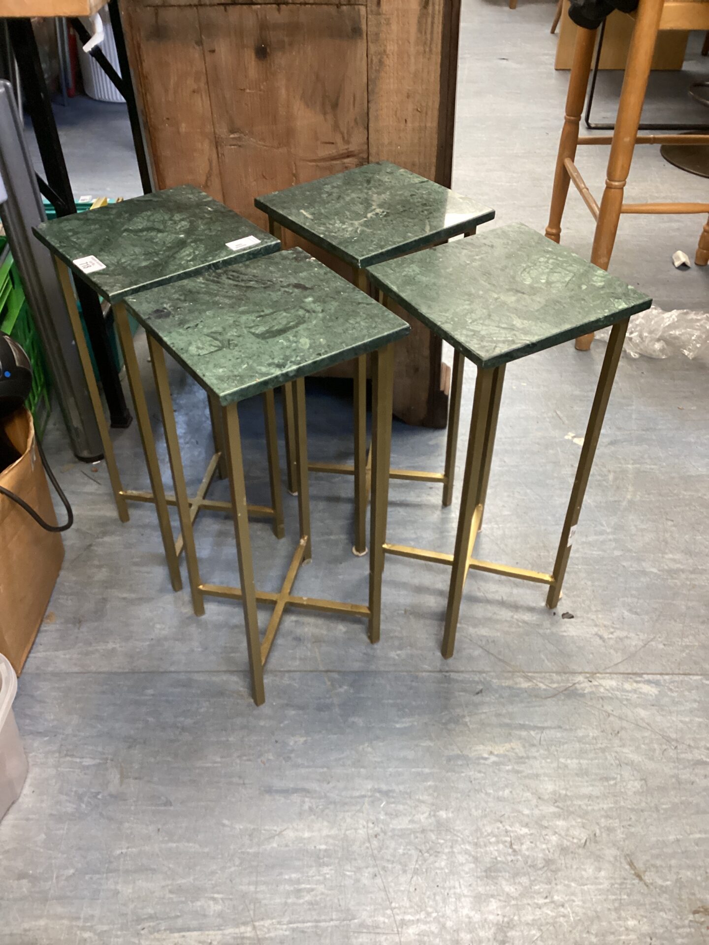 718 Set of 4 Green Marble Topped Brass Side Tables