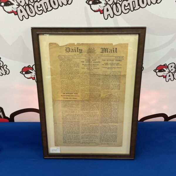 Framed front page of a 1926 Daily Mail newspaper about the General Strike.