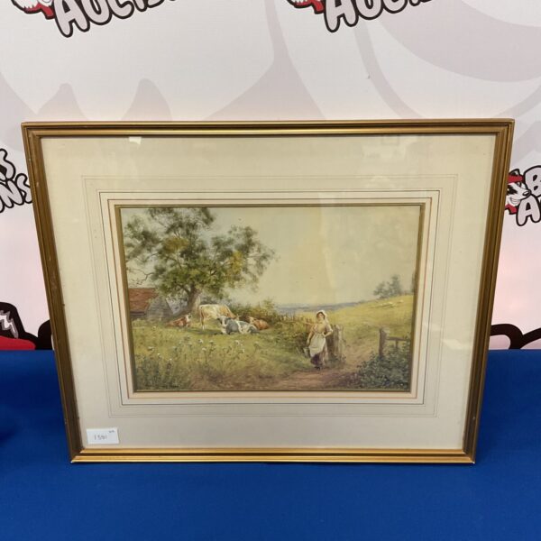 Horace Milburn watercolour painting of a pastoral scene with cows and a maid.