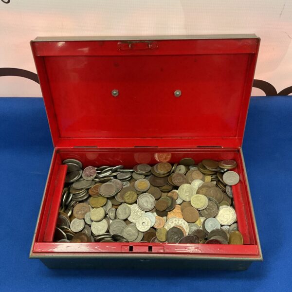 Full metal coin tin with mixed coins inside.