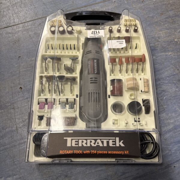 Terratek rotary tool set with various accessories for DIY projects.