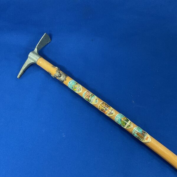 Vintage hiking stick with numerous travel plaques attached.