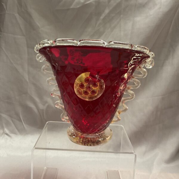 Vibrant 1950s Murano ruby red bowl with gold flecks and scalloped rim.