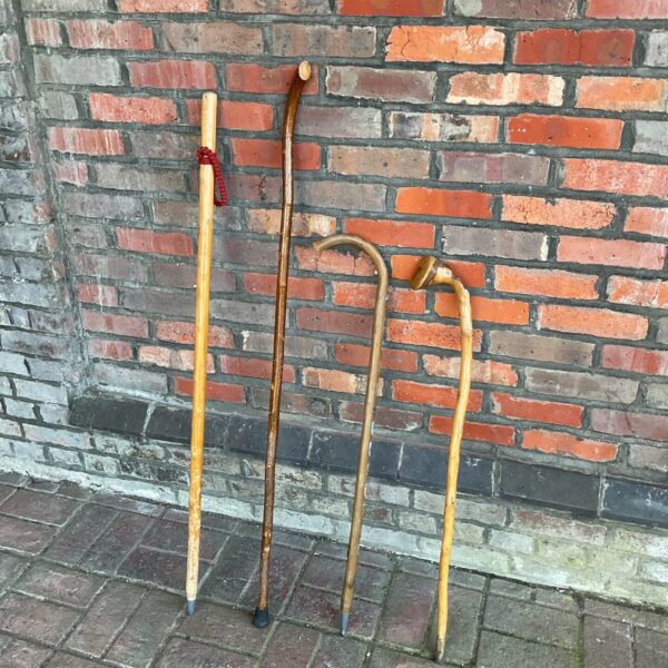 Vintage walking sticks with travel plaques, antique collectible canes.