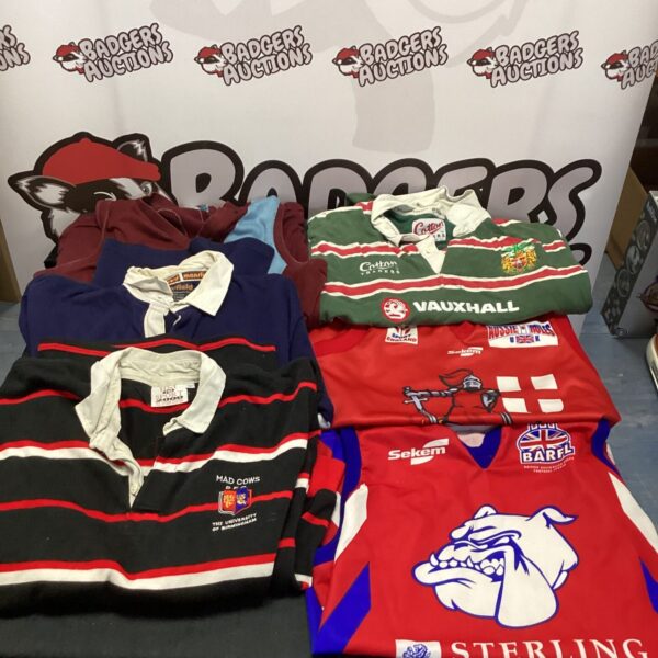 Lot of vintage rugby and Aussie Rules shirts for collectors.