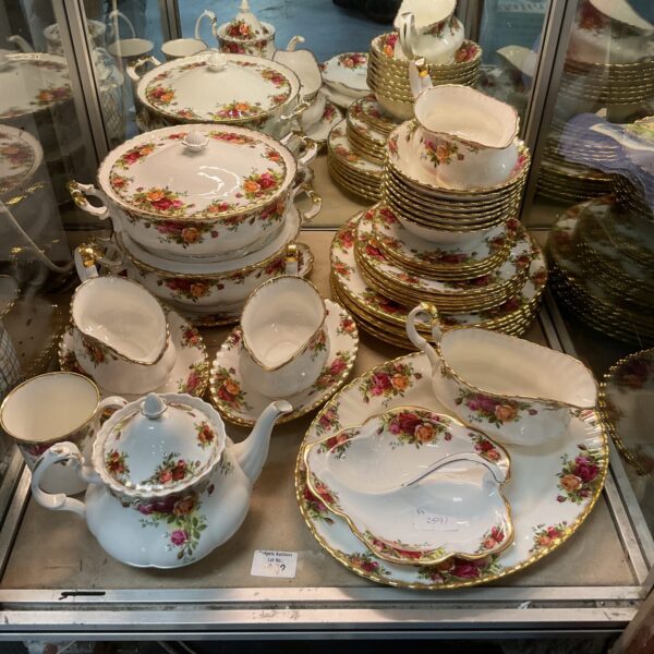Royal Albert Old Country Rose dinner service set on display.