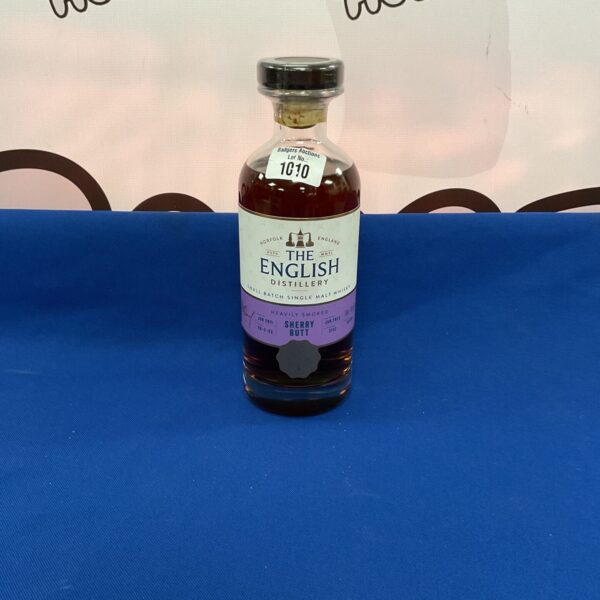 Front view of sealed English Distillery Sherry Butt single malt whisky bottle.