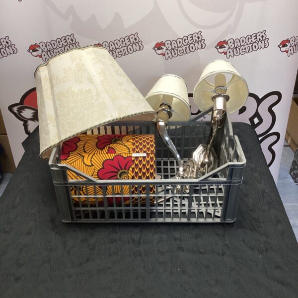 Pair of vintage wall mounted lamps with shades.