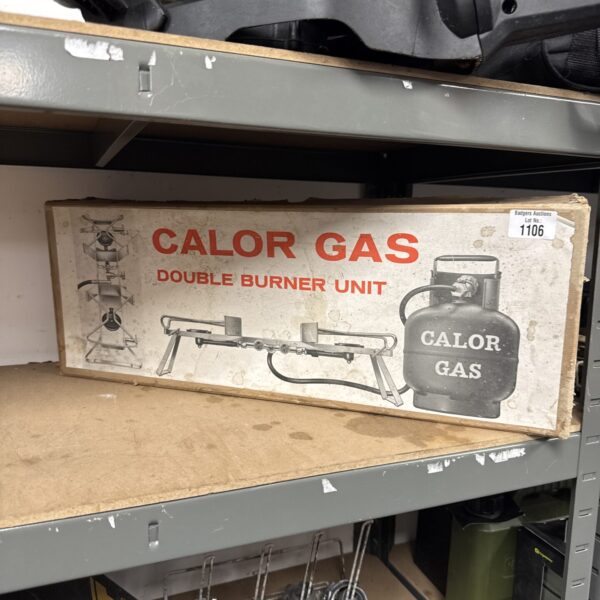 Vintage Calor gas double burner stove for outdoor cooking.