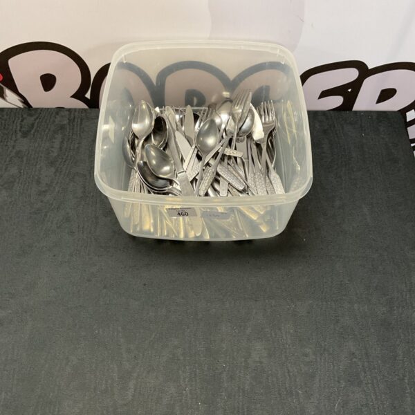 Box of Viner stainless steel cutlery set with spoons, knives and forks.