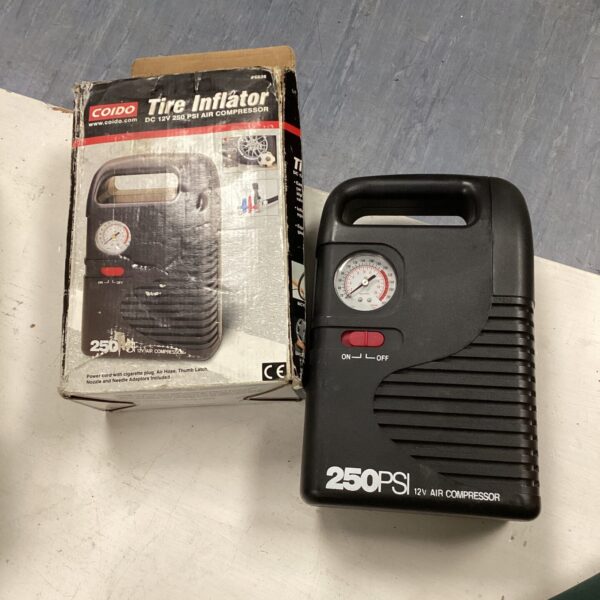 Coido 12V tire inflator with pressure gauge and 12V connection.