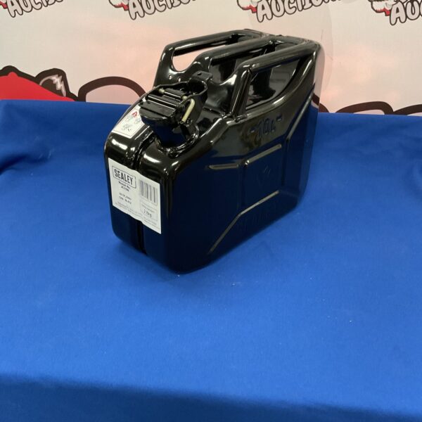 Black Sealey 10 litre jerry can for fuel, water, or diesel storage.