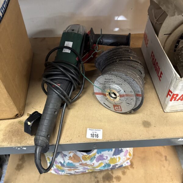 Parkside angle grinder with spare abrasive cutting disks.