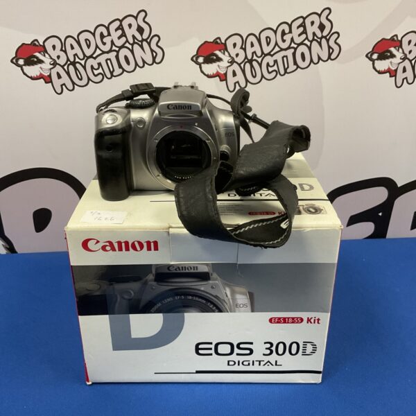 Canon EOS 300D digital SLR camera, front view.